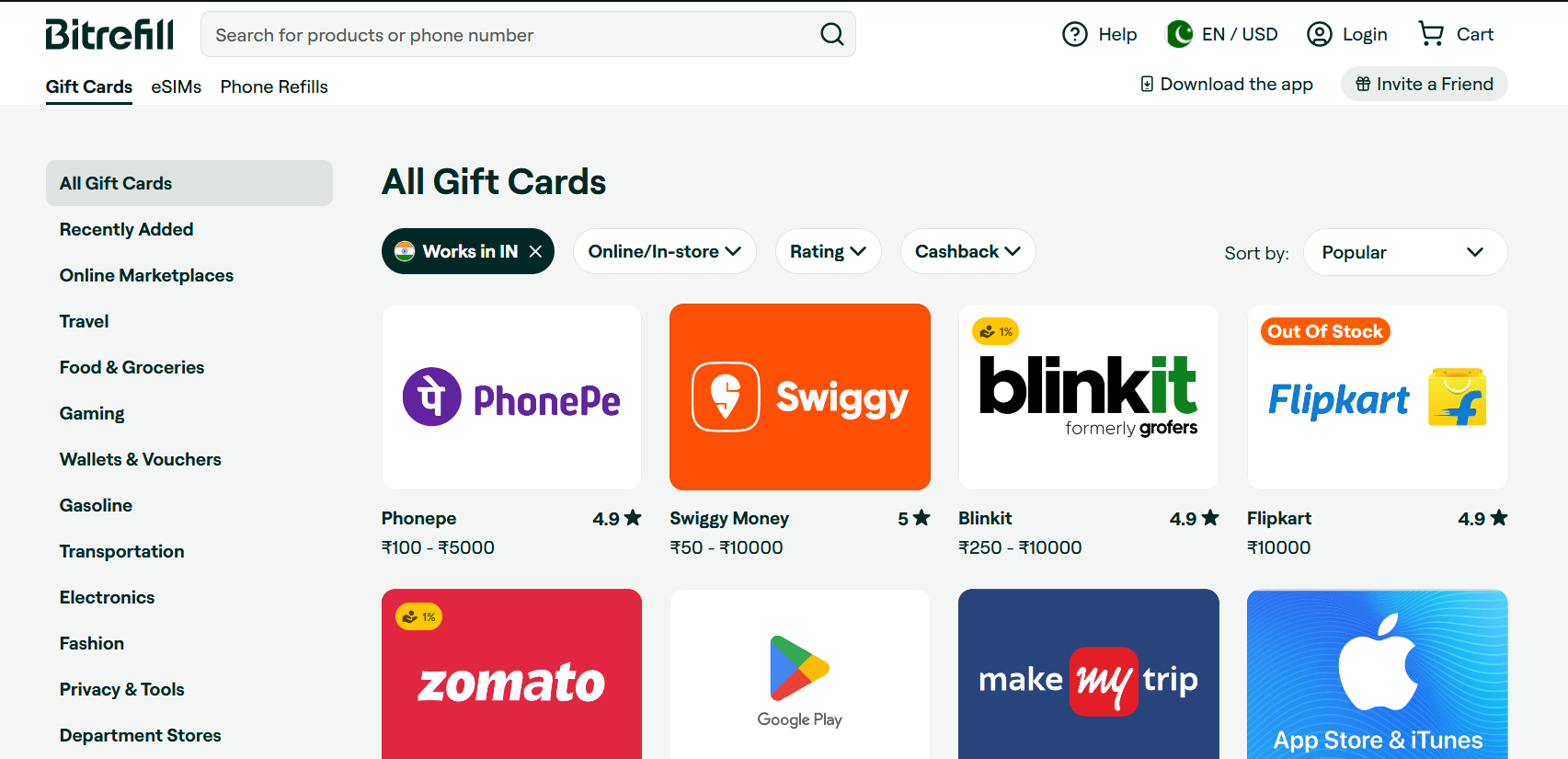 Official Bitrefill gift-card marketplace imagery showing gift cards and digital products